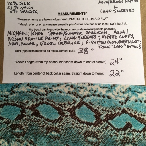 MICHAEL KORS Spring Summer CARDIGAN, NWOT, 3/4 Sleeves, AQUA/BROWN, Size L - Picture 8 of 8